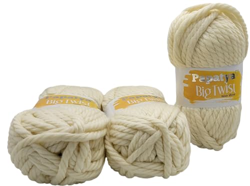 3 x 200 Gramm Papatya Big Twist Strickgarn, 20% Wolle, 600 Gramm Strickwolle extra dick (creme 1930) von Ilkadim Export