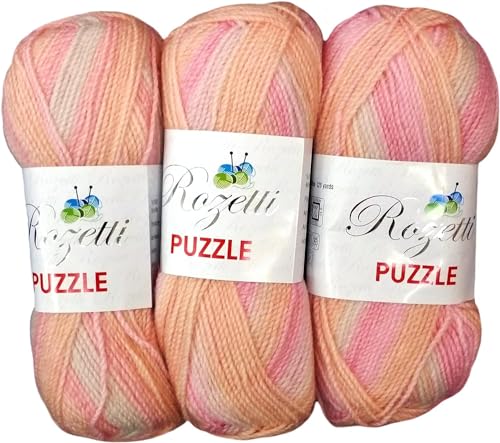 3 x 200 Gramm Rozetti Puzzle Strickgarn, Wolle mehrfarbig, 600 Gramm Strickwolle mit Farbverlauf (rosa lachs weiss 233-10) von Ilkadim Export