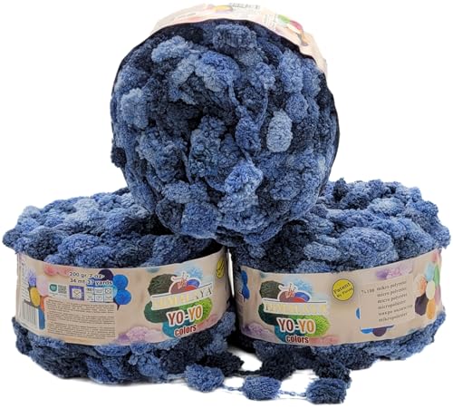 3 x 200g Ilkadim Export Pompon Garn Yo-Yo mehrfarbig, 600 Gramm Pompom – Wolle (blau dunkelblau 82011) von Ilkadim Export