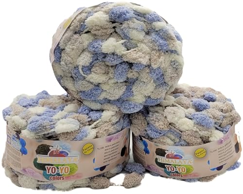 3 x 200g Ilkadim Export Pompon Garn Yo-Yo mehrfarbig, 600 Gramm Pompom – Wolle (blau taupe creme 82006) von Ilkadim Export