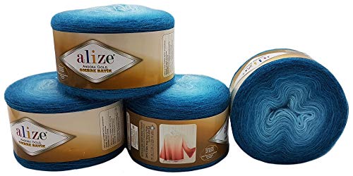 4 x 150 g Ilkadim Export Strickwolle Angora gold Ombre mit Farbverlauf, 600 Gramm Strickgarn mit 20% Wolle-Anteil (blau 7230) von Ilkadim Export