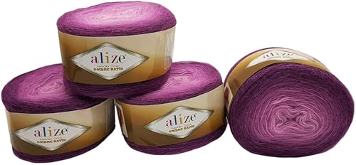 4 x 150 g Ilkadim Export Strickwolle Angora gold Ombre mit Farbverlauf, 600 Gramm Strickgarn mit 20% Wolle-Anteil (lila 7244) von Ilkadim Export