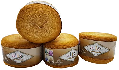 4 x 150 g Ilkadim Export Strickwolle Angora gold Ombre mit Farbverlauf, 600 Gramm Strickgarn mit 20% Wolle-Anteil (ocker 7358) von Ilkadim Export