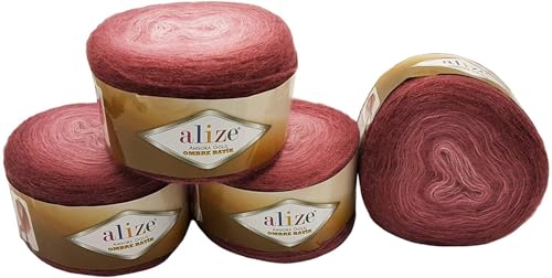 4 x 150 g Ilkadim Export Strickwolle Angora gold Ombre mit Farbverlauf, 600 Gramm Strickgarn mit 20% Wolle-Anteil (rosa 7247) von Ilkadim Export