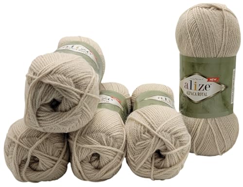 5 x 100 Gramm Alize Alpaka Royal Strickwolle, 500 Gramm Strickgarn einfarbig mit 15% Alpakawolle (hell beige 599) von Ilkadim Export