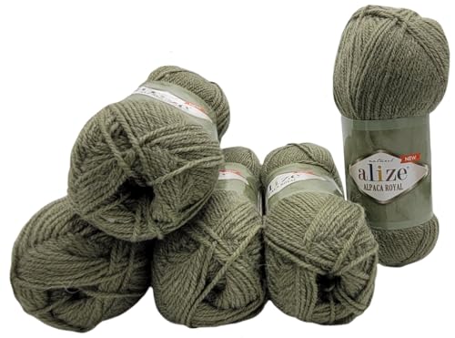 5 x 100 Gramm Alize Alpaka Royal Strickwolle, 500 Gramm Strickgarn einfarbig mit 15% Alpakawolle (oliv 285) von Ilkadim Export