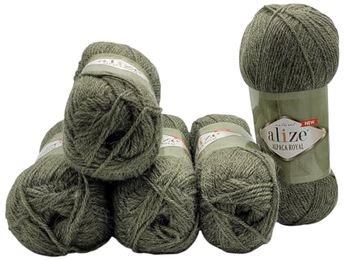 5 x 100 Gramm Alize Alpaka Royal Strickwolle, 500 Gramm Strickgarn einfarbig mit 15% Alpakawolle (oliv 577) von Ilkadim Export