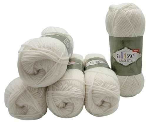 5 x 100 Gramm Alize Alpaka Royal Strickwolle, 500 Gramm Strickgarn einfarbig mit 15% Alpakawolle (weiss 55) von Ilkadim Export