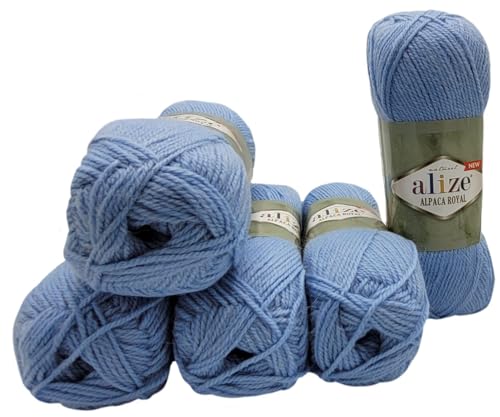 5 x 100 Gramm Alize Alpaka Royal Strickwolle, 500 Gramm Strickgarn einfarbig mit 15% Alpakawolle (blau 356) von Ilkadim Export