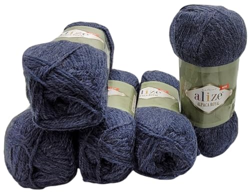 5 x 100 Gramm Alize Alpaka Royal Strickwolle, 500 Gramm Strickgarn einfarbig mit 15% Alpakawolle (jeansblau 203) von Ilkadim Export