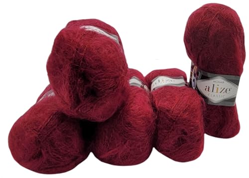 5 x 100 Gramm Ilkadim Export Mohair Classic Strickwolle, 500 Gramm Strickgarn einfarbig mit 25% Mohair Wolle (bordeaux 57) von Ilkadim Export