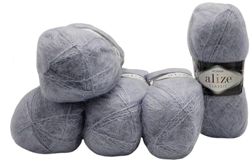 5 x 100 Gramm Ilkadim Export Mohair Classic Strickwolle, 500 Gramm Strickgarn einfarbig mit 25% Mohair Wolle (grau 21) von Ilkadim Export