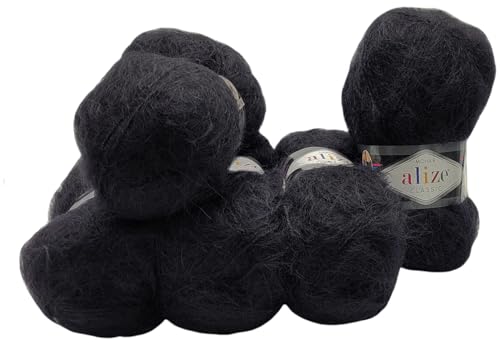 5 x 100 Gramm Ilkadim Export Mohair Classic Strickwolle, 500 Gramm Strickgarn einfarbig mit 25% Mohair Wolle (schwarz 60) von Ilkadim Export