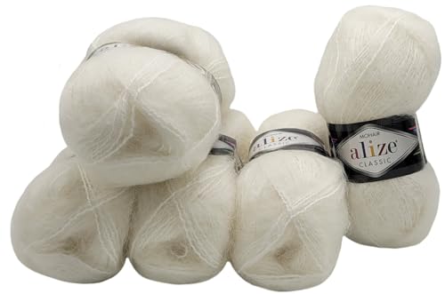 5 x 100 Gramm Ilkadim Export Mohair Classic Strickwolle, 500 Gramm Strickgarn einfarbig mit 25% Mohair Wolle (weiss 55) von Ilkadim Export