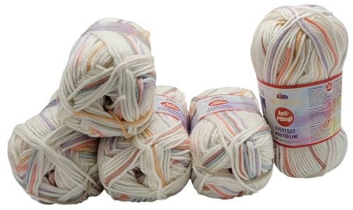 5 x 100 Gramm Everyday Worsted Line Antipilling Wolle mehrfarbig, 500 Gramm Strickwolle mit Anti-Pilling Effekt. Babywolle (creme apricot flieder ua 74701) von Ilkadim Export