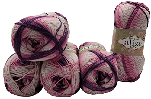 5 x 100 Gramm Ilkadim Export Baumwollgarn Bella Batik, 500 Gramm Strickwolle aus 100% Baumwolle, Strickgarn mehrfarbig (beere rosa altweiss 3302) von Ilkadim Export