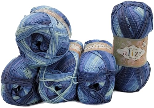 5 x 100 Gramm Ilkadim Export Baumwollgarn Bella Batik, 500 Gramm Strickwolle aus 100% Baumwolle, Strickgarn mehrfarbig (blau hellblau 3299) von Ilkadim Export