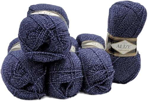 5 x 100 Gramm Ilkadim Export Lanagold Wolle mit 49% Wollanteil, 500 Gramm Paket für Stricken und Häkeln (Blau Weiß gesprenkelt 901) von Ilkadim Export