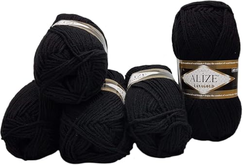 5 x 100 Gramm Ilkadim Export Lanagold Wolle mit 49% Wollanteil, 500 Gramm Paket für Stricken und Häkeln (Schwarz 60) von Ilkadim Export