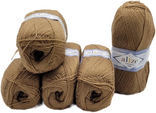 5 x 100 Gramm Ilkadim Export Lanagold Wolle mit 49% Wollanteil, 500 Gramm Paket für Stricken und Häkeln (braun 466) von Ilkadim Export