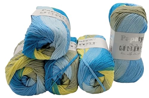 5 x 100 Gramm Papatya Cottonish Antipilling Wolle mit Farbverlauf, 500 Gramm Strickwolle mit Anti-Pilling Effekt Mehrfarbig (blau hellblau gelb ua 07) von Ilkadim Export