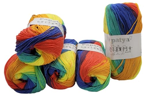 5 x 100 Gramm Papatya Cottonish Antipilling Wolle mit Farbverlauf, 500 Gramm Strickwolle mit Anti-Pilling Effekt Mehrfarbig (blau orange gelb ua 14) von Ilkadim Export