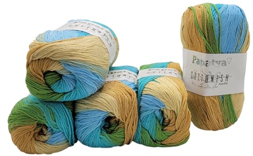 5 x 100 Gramm Papatya Cottonish Antipilling Wolle mit Farbverlauf, 500 Gramm Strickwolle mit Anti-Pilling Effekt Mehrfarbig (grün türkis beige creme 13) von Ilkadim Export