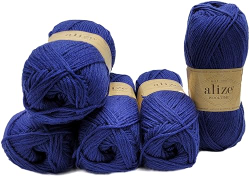 5 x 100 Gramm Sockenwolle Alize Wooltime einfarbig, 75% Superwash Wolle, 500 Gramm Strickwolle für Stricksocken und Strümpfe (Blau 797) von Ilkadim Export