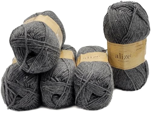 5 x 100 Gramm Sockenwolle Alize Wooltime einfarbig, 75% Superwash Wolle, 500 Gramm Strickwolle für Stricksocken und Strümpfe (Dunkel Grau 182) von Ilkadim Export