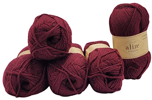 5 x 100 Gramm Sockenwolle Alize Wooltime einfarbig, 75% Superwash Wolle, 500 Gramm Strickwolle für Stricksocken und Strümpfe (bordeaux 578) von Ilkadim Export