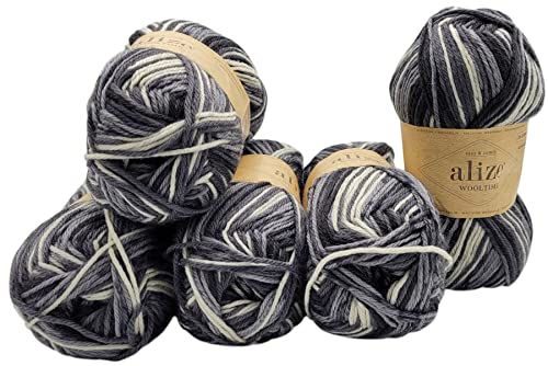 5 x 100 Gramm Sockenwolle Ilkadim Export Wooltime mehrfarbig, 75% Superwash Wolle, 500 Gramm Strickwolle für Stricksocken und Strümpfe (schwarz grau weiss 11016) von Ilkadim Export