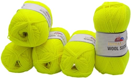 5 x 100 Gramm Sockenwolle Ilkadim Export Wool Socks uni mit 75% Merinowolle, 500 Gramm Paket Wolle zum Stricken und Häkeln (Neon Gelb S 880) von Ilkadim Export