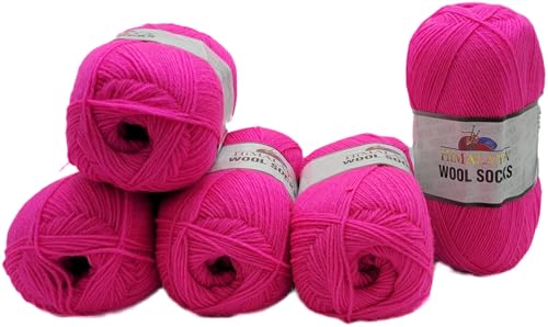 5 x 100 Gramm Sockenwolle Ilkadim Export Wool Socks uni mit 75% Merinowolle, 500 Gramm Paket Wolle zum Stricken und Häkeln (Neon Pink S 882) von Ilkadim Export