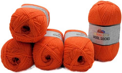 5 x 100 Gramm Sockenwolle Ilkadim Export Wool Socks uni mit 75% Merinowolle, 500 Gramm Paket Wolle zum Stricken und Häkeln (Orange S 881) von Ilkadim Export