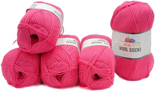 5 x 100 Gramm Sockenwolle Ilkadim Export Wool Socks uni mit 75% Merinowolle, 500 Gramm Paket Wolle zum Stricken und Häkeln (Pink S 821) von Ilkadim Export