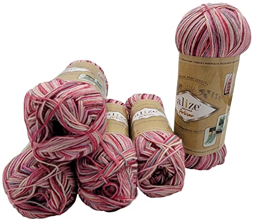 5 x 100 Gramm Sockenwolle mehrfarbig, 75% Schurwolle, 500 Gramm Wolle für Stricksocken und Strümpfe (rosa rot u.a. 9002) von Ilkadim Export