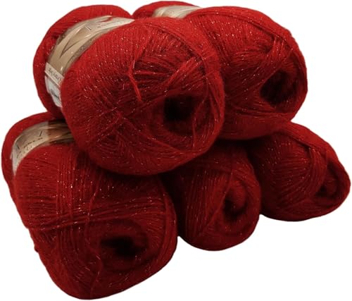 5 x 100 g Angora gold simli Glitzerwolle, Effektwolle einfarbig, 500 Gramm Metallic - Wolle mit 20% Woll-Anteil (rot 106) von Ilkadim Export