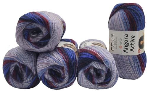 5 x 100 g Ilkadim Export Angora Active Strickwolle mehrfarbig mit Farbverlauf, 500 Gramm Strickgarn mit 20% Wolle, Farbverlaufswolle (bordeaux grau blau 855) von Ilkadim Export