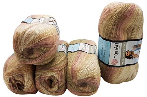 5 x 100 g Ilkadim Export Angora Active Strickwolle mehrfarbig mit Farbverlauf, 500 Gramm Strickgarn mit 20% Wolle, Farbverlaufswolle (braun khaki creme 853) von Ilkadim Export