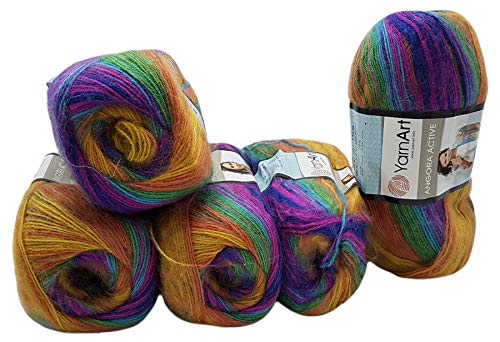 5 x 100 g Ilkadim Export Angora Active Strickwolle mehrfarbig mit Farbverlauf, 500 Gramm Strickgarn mit 20% Wolle, Farbverlaufswolle (lila blau ocker ua 850) von Ilkadim Export