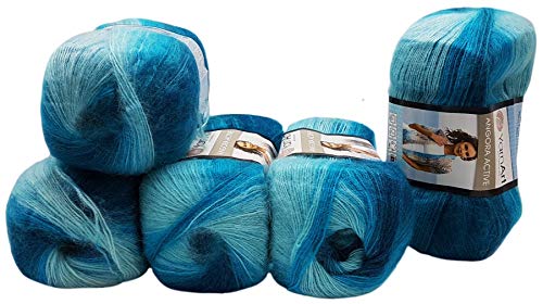 5 x 100 g Ilkadim Export Angora Active Strickwolle mehrfarbig mit Farbverlauf, 500 Gramm Strickgarn mit 20% Wolle, Farbverlaufswolle (petrol türkis 845) von Ilkadim Export