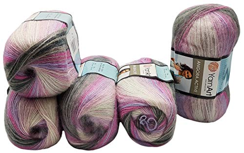 5 x 100 g Ilkadim Export Angora Active Strickwolle mehrfarbig mit Farbverlauf, 500 Gramm Strickgarn mit 20% Wolle, Farbverlaufswolle (rosa grau weiss 848) von Ilkadim Export