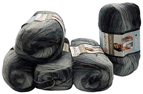 5 x 100 g Ilkadim Export Angora Active Strickwolle mehrfarbig mit Farbverlauf, 500 Gramm Strickgarn mit 20% Wolle, Farbverlaufswolle (schwarz grau 840) von Ilkadim Export