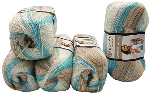 5 x 100 g Ilkadim Export Angora Active Strickwolle mehrfarbig mit Farbverlauf, 500 Gramm Strickgarn mit 20% Wolle, Farbverlaufswolle (türkis beige creme weiss 852) von Ilkadim Export