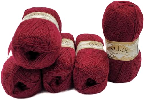 5 x 100 g Ilkadim Export Strickwolle Angora gold mit 20% Wolle, 500 Gramm Strickgarn einfarbig (bordeaux 57) von Ilkadim Export