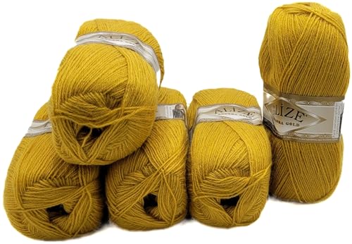 5 x 100 g Ilkadim Export Strickwolle Angora gold mit 20% Wolle, 500 Gramm Strickgarn einfarbig (goldgelb 02) von Ilkadim Export