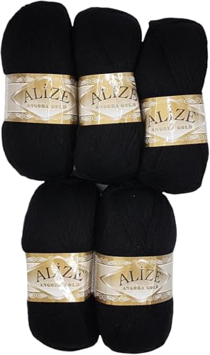 5 x 100 g Ilkadim Export Strickwolle Angora gold mit 20% Wolle, 500 Gramm Strickgarn einfarbig (schwarz 60) von Ilkadim Export