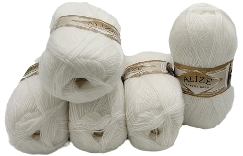 5 x 100 g Ilkadim Export Strickwolle Angora gold mit 20% Wolle, 500 Gramm Strickgarn einfarbig (weiss 55) von Ilkadim Export