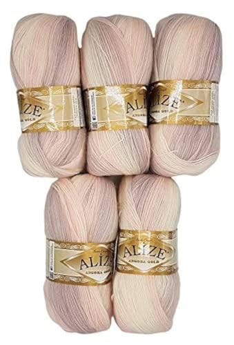 5 x 100 g Strickwolle Angora gold mehrfarbig mit Farbverlauf, 500 Gramm Strickgarn mit 20% Wolle-Anteil (flieder rosa weiss 6554) von Ilkadim Export