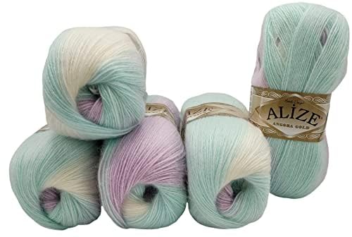 5 x 100 g Strickwolle Angora gold mehrfarbig mit Farbverlauf, 500 Gramm Strickgarn mit 20% Wolle-Anteil (rosa mint weiss 6620) von Ilkadim Export